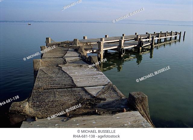 Fishing nets on a wooden jetty at Etang de Bages near Narbonne, Languedoc Roussillon, France, Mediterranean, Europe