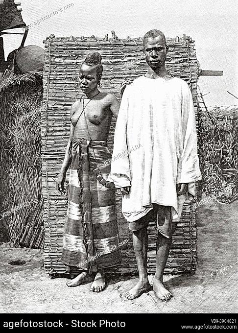 Young Foulah girl and man in the village of Kandenbel. Guinea-Bissau Africa. Old 19th century engraved illustration, Journey through Senegambia and Portuguese...
