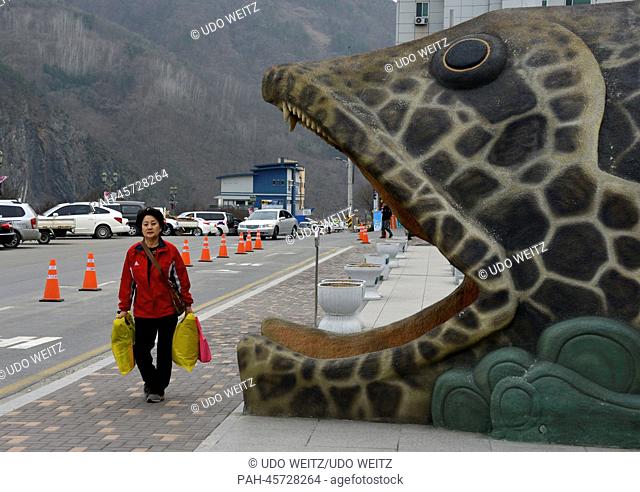 A South Korean woman walks past a giant fish sculpture in Danyang, north-central South Korea, 19 March 2013. Consumption of fish