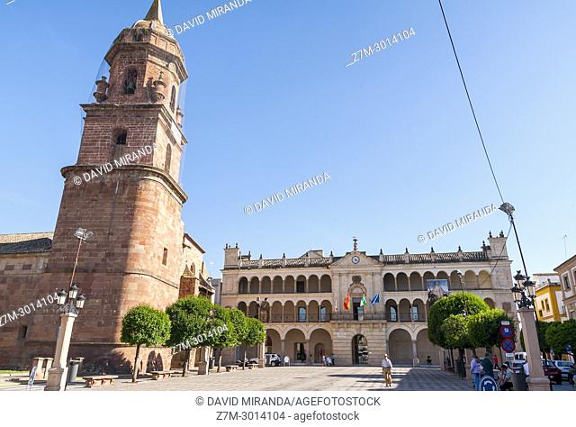 Town hall and Iglesia de San Miguel. Iglesia de San Miguel. Andújar. Jaén. Andalusia. Spain