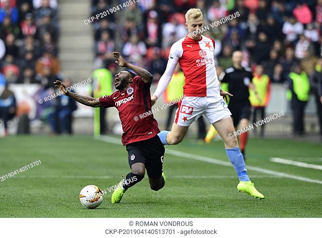 R-L Michal Frydrych (Slavia) and Guelor Kanga (Sparta) in action during the Czech first soccer league (Fortuna Liga), 28th round