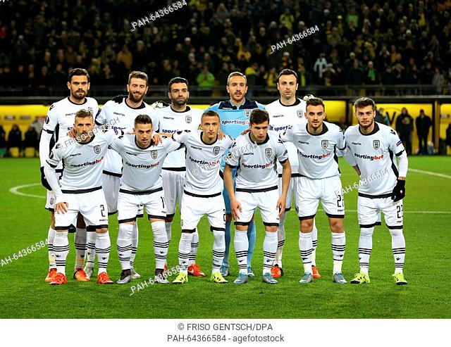 Saloniki's players pose for a team picture prior to the Europa League group C soccer match Borussia Dortmund vs PAOK Saloniki in Dortmund, Germany
