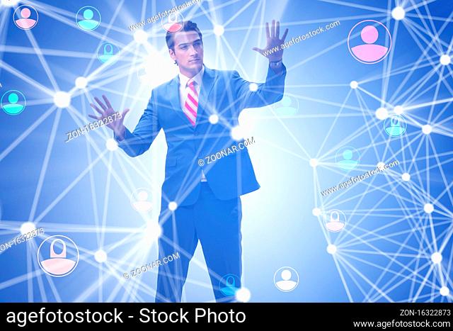 Man pressing virtual button on the social network concept