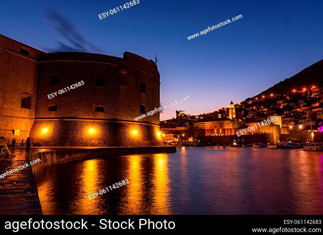 Dubrovnik Croatia City Center During Sunset Twilight Blue Hour Beautiful Cityscape