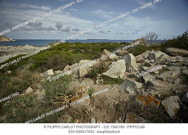 Rocky and arid territory covered with Mediterranean vegetation typical of the southern coasts of Sardinia with the sea in the background