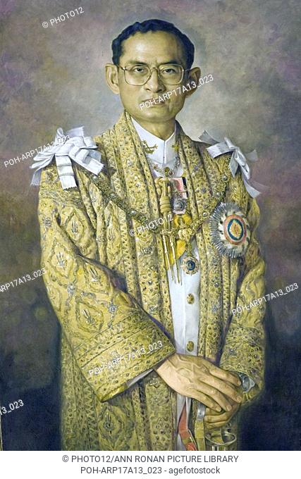 Portrait of Rama IX Bhumibol Adulyadej (1927-) King of Thailand and ninth monarch of the Chakri Dynasty, in ceremonial attire. Dated 1967