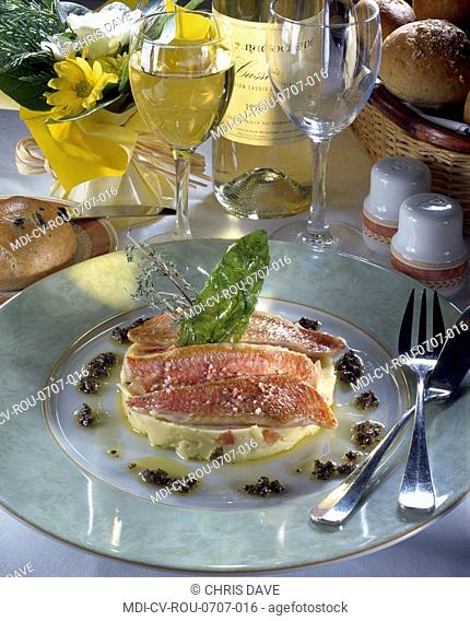 Tian of red mullet with potatoes, olive oil and tapenade