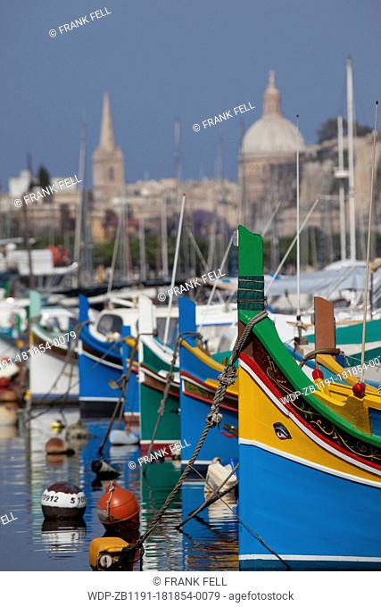 Maltese Islands, Malta, Ta Xbiex, Colourful Harbour Boats & Valletta Skyline