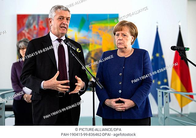 15 April 2019, Berlin: Federal Chancellor Angela Merkel (r, CDU) and Filippo Grandi, United Nations High Commissioner for Refugees (UNHCR)