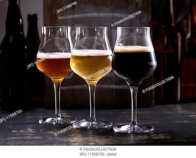 Three sorts of beer in glasses