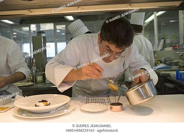 France, Haute Loire, Saint Bonnet le Froid, kitchen of Regis and Jacques Marcon's three Michelin star restaurant, Restaurant des Cimes, chef regis Marcon