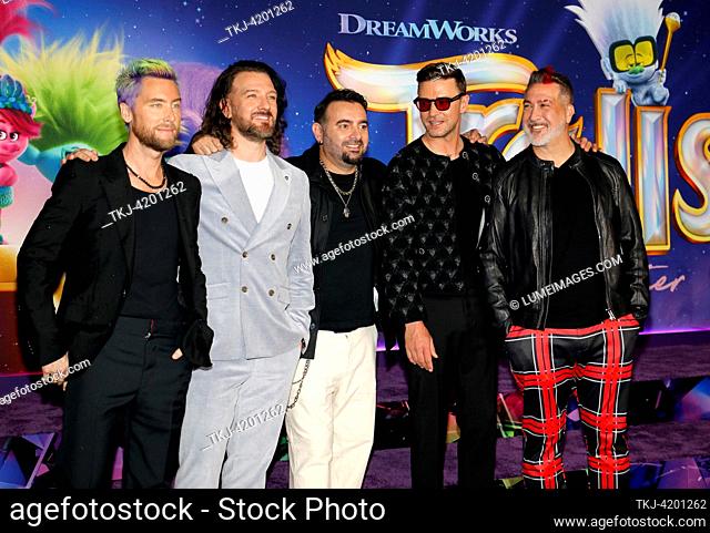 Chris Kirkpatrick, Justin Timberlake, Joey Fatone, Lance Bass and JC Chasez of NSYNC at the Los Angeles premiere of 'Trolls Band Together' held at the TCL...