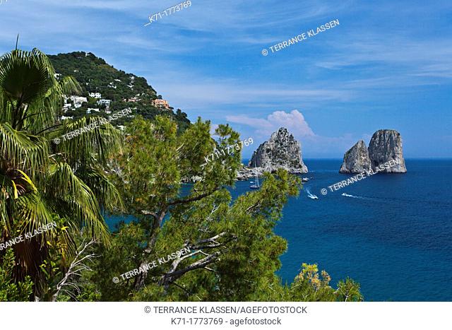 The Faraglioni sea stack rocks on the Island of Capri, Campania, Italy