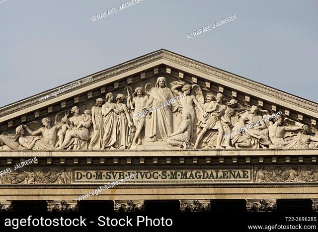 Paris (France). Architectural detail of the frieze of the Madeleine Church in the city of Paris