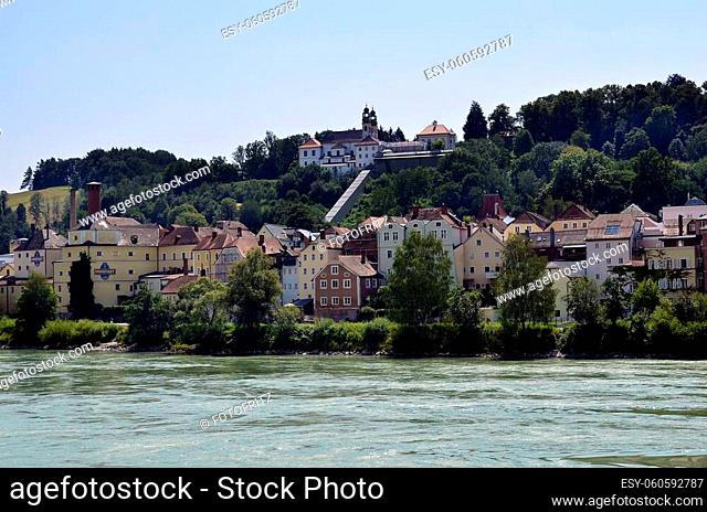 Germany, Innstadt is a part of Passau on the right bank of the Inn with houses, brewery and pilgrimage church Mariahilf with a covered staircase with 321 steps...