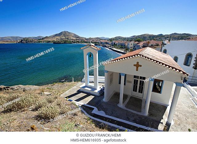 Greece, Lemnos Island, Myrina, capital town and main harbour of the island, the church Agia Paraskevi at the bottom of the Byzantine kastro