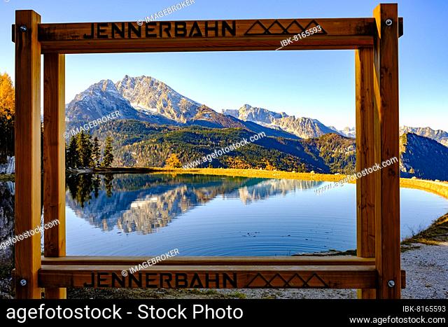 Watzmann and Hochkalter in the wooden frame are reflected in the reservoir, Berchtesgaden Alps, Berchtesgaden National Park, Schönau am Königssee
