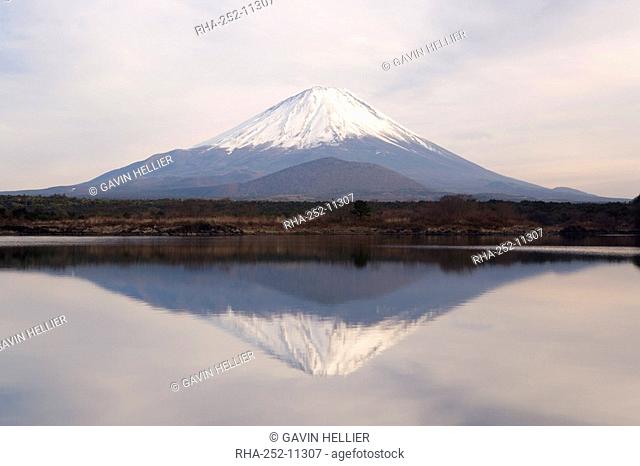 Mount Fuji, 3776m, viewed across Shoji-Ko, one of the lakes in the Fuji Go-ko Fuji Five Lakes region, Honshu, Japan, Asia