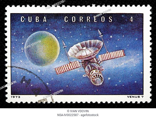 Soviet Venus orbital station Venus 7, postage stamp, Cuba, 1973