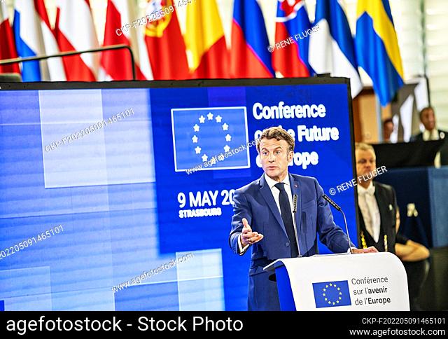 French President Emmanuel Macron speaks during the Conference on the Future of Europe held in European Parliament in Strasbourg, France on May 9, 2022