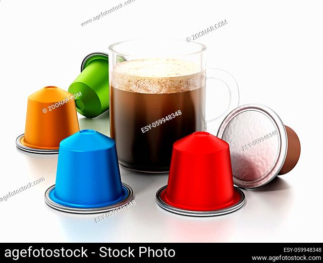 Coffee capsules and mug isolated on white background. 3D illustration
