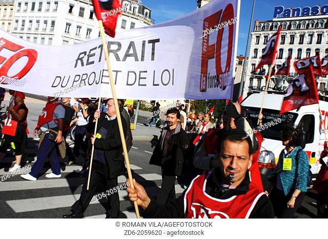 Procession of the trade union Force Ouvriere during a demonstration against the pension reform, Lyon, Rhone, Rhone Alpes, France, Europe, 2 october 2010