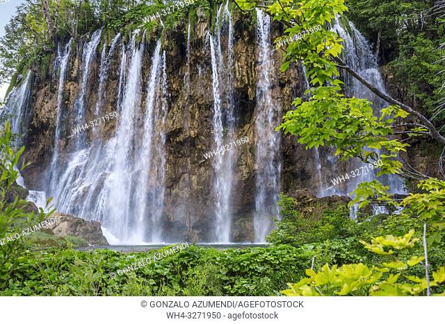 Large (Great) waterfall. Veliki Slap. Plitvice Lakes National Park. Lika Plješivica mountain range . The park falls within two counties Lika-Senj and Karlovac