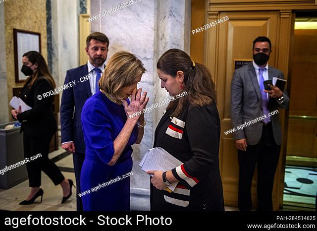 Ambassador of Ukraine to the United States Oksana Markarova, right, is embraced by Speaker of the United States House of Representatives Nancy Pelosi (Democrat...