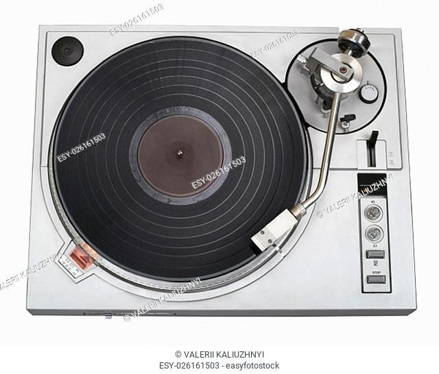 Stylish turntable with vinyl record having blank label. Put your logo or text on it. Clipping path included
