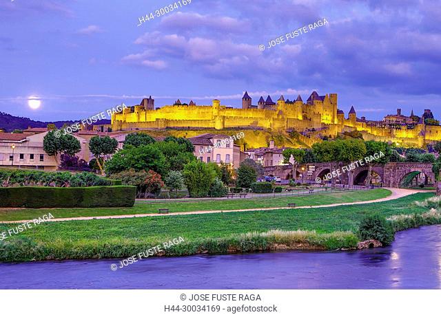 France, Aude region, Carcassonne city, la cite, medieval fortress, W.H., sunset, skyline, the moon