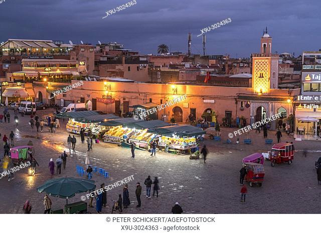 Jemaa el-Fnaa place at dusk, Marrakesh, Kingdom of Morocco, Africa