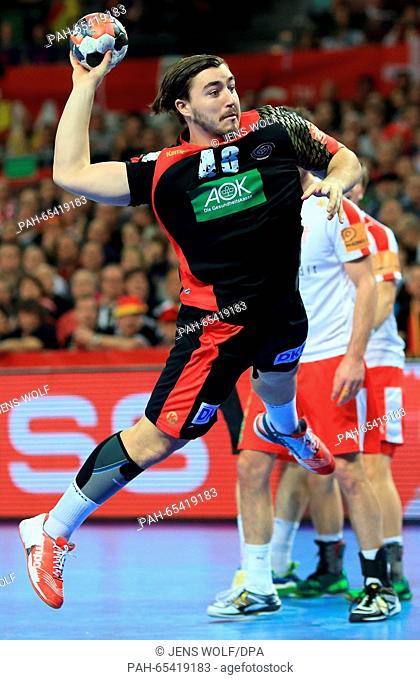 Germany's Jannik Kohlbacher in action during the 2016 Men's European Championship handball group 2 match between Germany and Denmark at the Centennial Hall in...
