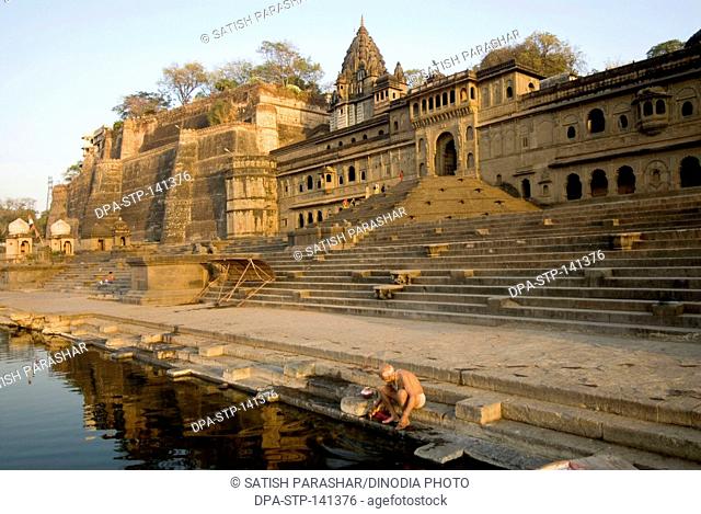 Maheshwar ghat temple fort and palace on the bank of river Narmada ; Madhya Pradesh ; India