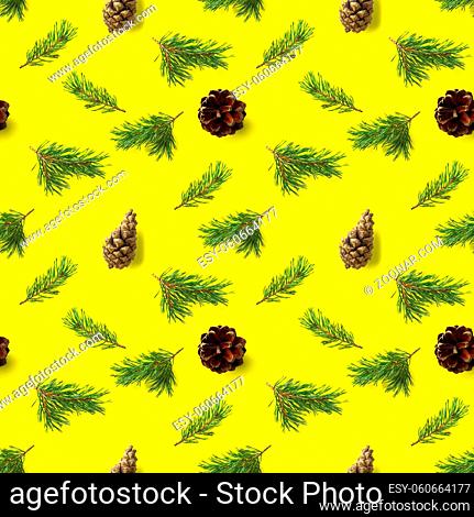 christmas seamless pattern from Pine cones, pine twig, needles on yellow background. modern pine cone christmas collage. Print for paper, fabric
