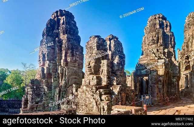 Buddha faces in Bayon temple in Angkor Thom at morning time. Siem Reap. Cambodia