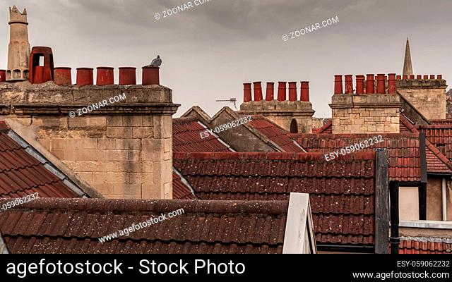 Rooftops, tiles and chimneys - seen in Weston-super-Mare, North Somerset, England, UK