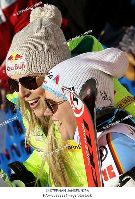 Second placed Viktoria Rebensburg of Germany is congratulated by Lindsey Vonn (R) after the womens giant slalom at the Alpine Skiing World Championships in Vail...