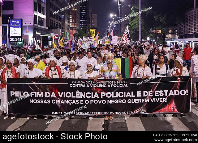 24 August 2023, Brazil, São Paulo: People take part in a demonstration by the Movimento Negro (Black Movement) against police violence and against police...