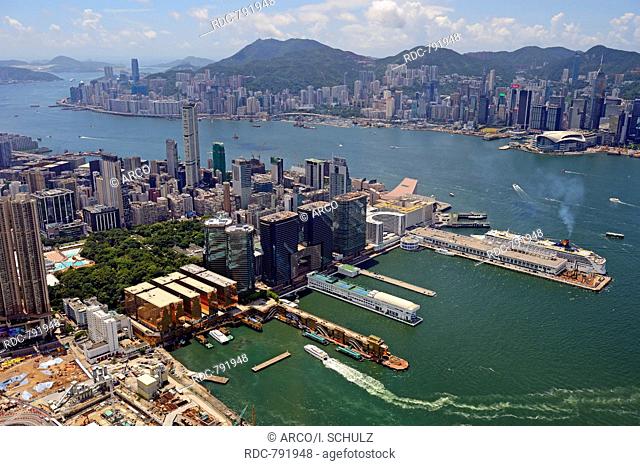 Harbour of Kowloon and Hongkong River, view from 400 m height, from the 484 meters high International Commerce Center, ICC in Kowloon, Hongkong, China
