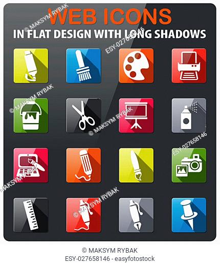 art tools icons set in flat design with long shadow