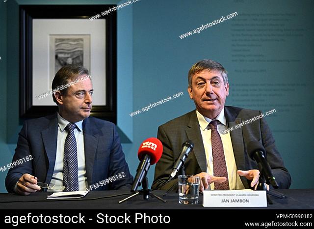 Antwerpen Mayor Bart De Wever and Flemish Minister President Jan Jambon pictured during a press conference of Museum De Reede to present a major and important...