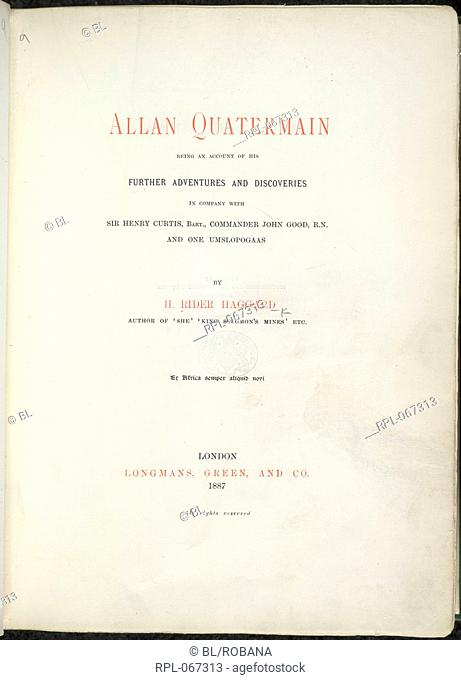 Title page of 'Allan Quatermain'. Image taken from Allan Quartermain: being an account of his further adventures and discoveries in company with Sir Henry...