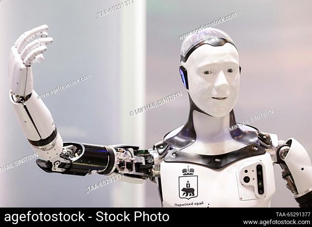 RUSSIA, MOSCOW - NOVEMBER 28, 2023: A humanoid robot Ardi is on display at the opening of Perm Region Day during the Russia Expo international exhibition and...