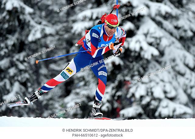Ole Einar Bjoerndalen of Norway in action during the sprint competition at the Biathlon World Championships, in the Holmenkollen Ski Arena, Oslo, Norway