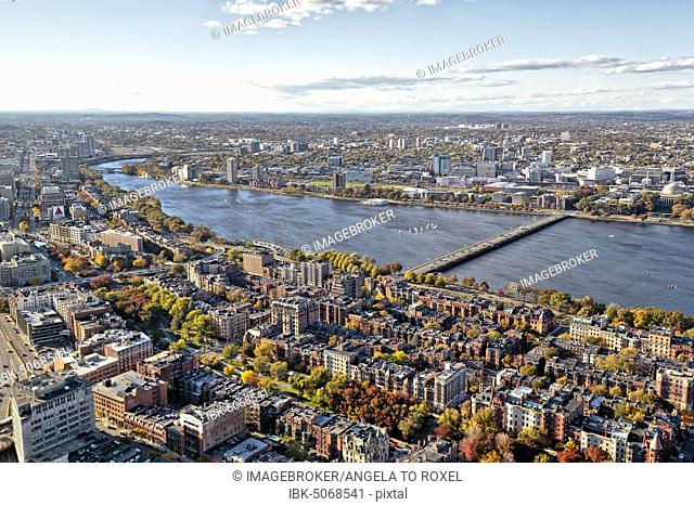 View from Prudential Tower to Back Bay, Charles River and Harvard Bridge, Boston, Massachusetts, New England, USA, North America