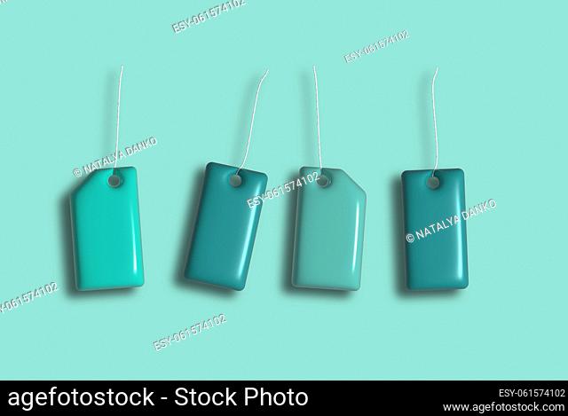 Empty green price tags on a rope, set. 3D illustration, rendering