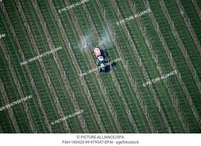 FILED - 20 April 2018, Germany, Werder: A truck irrigates fruit fields. Photo: Ralf Hirschberger/dpa. - Werder/Brandenburg/Germany
