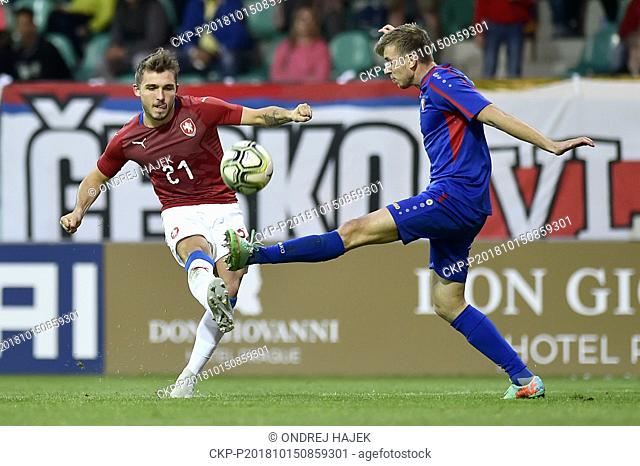 L-R Tomas Ladra (Czech) and Andrei Macritchii (Moldova) in action during the soccer match Czech Republic vs Moldova, Qualifying for the UEFA European Under-21...