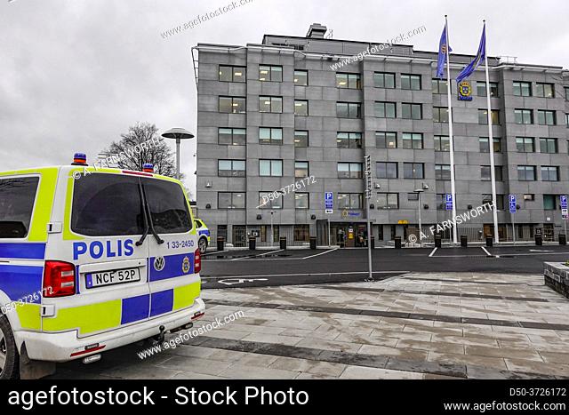 Stockholm, Sweden A police van parked outside the reinforced police headquarters building in this primarily Somali and immigrant suburb
