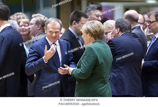 March 10, 2017. Brussels, Belgium: President of the European Council Donald Franciszek Tusk is talking with the German Chancellor Angela Merkel (R) during an EU...